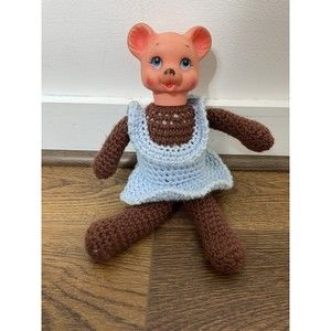 Vintage  Doll Hard Plastic Bear  Crochet Dress Blue Brown